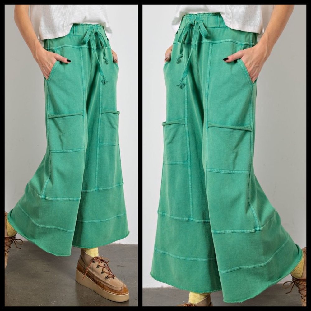 EASEL "Perfect Cargo" Terry Knit Mineral Washed Flared Leg Pants Raw Seams, Hems - Picture 2 of 15